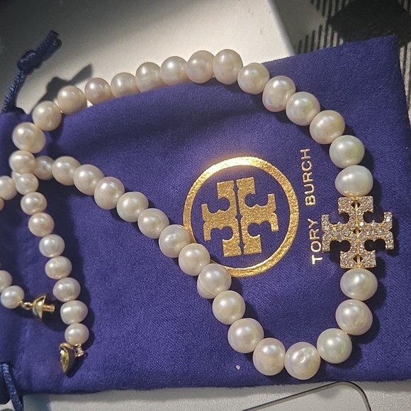 Tory Burch Kira Pave Nqtural Pearl Necklace Nwb - Picture 3 of 6